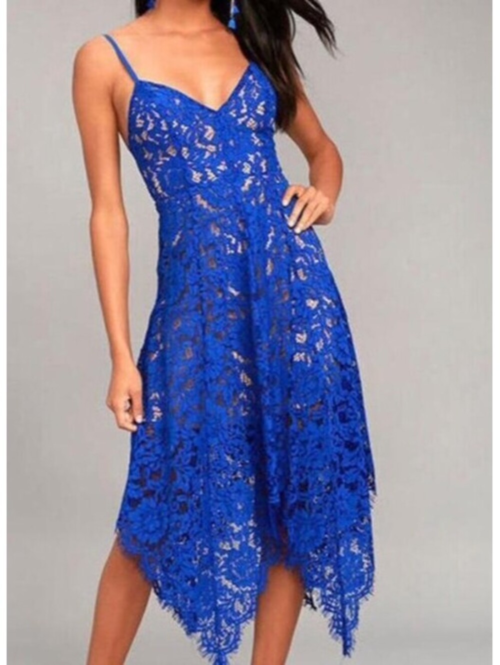LULUS blue lace handkerchief hem midi dress sz S